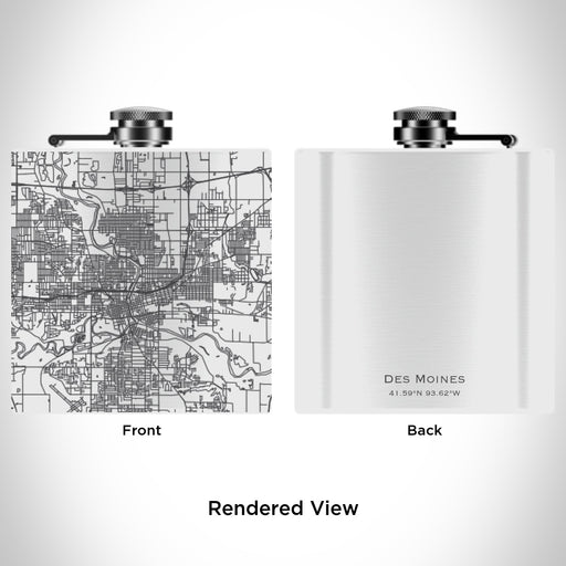Rendered View of Des Moines Iowa Map Engraving on 6oz Stainless Steel Flask in White