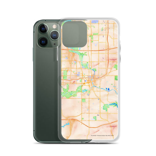 Custom Des Moines Iowa Map Phone Case in Watercolor on Table with Laptop and Plant