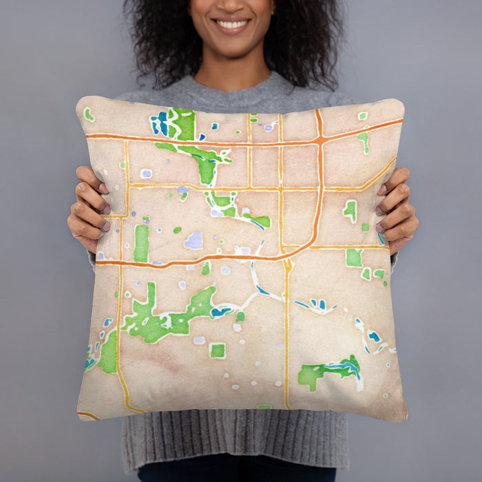 Person holding 18x18 Custom Des Moines Iowa Map Throw Pillow in Watercolor