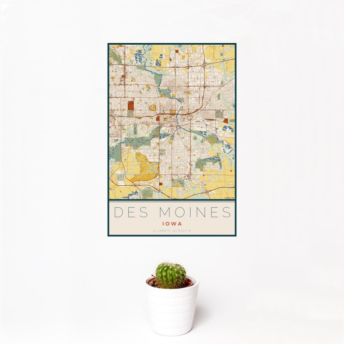 12x18 Des Moines Iowa Map Print Portrait Orientation in Woodblock Style With Small Cactus Plant in White Planter