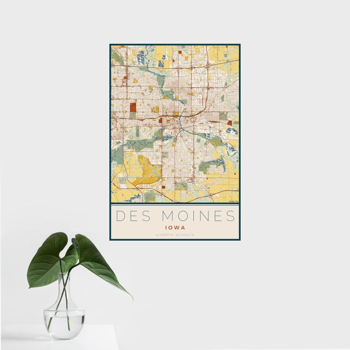 16x24 Des Moines Iowa Map Print Portrait Orientation in Woodblock Style With Tropical Plant Leaves in Water