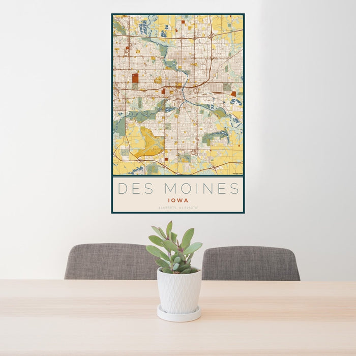 24x36 Des Moines Iowa Map Print Portrait Orientation in Woodblock Style Behind 2 Chairs Table and Potted Plant