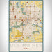 Des Moines Iowa Map Print Portrait Orientation in Woodblock Style With Shaded Background