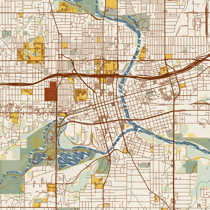 Des Moines Iowa Map Print in Woodblock Style Zoomed In Close Up Showing Details
