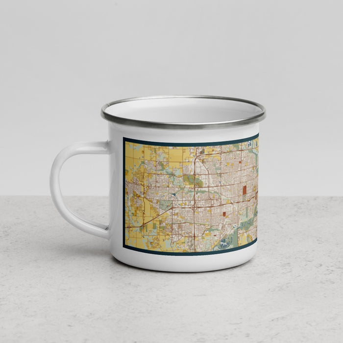 Left View Custom Des Moines Iowa Map Enamel Mug in Woodblock