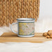 Left View Custom Des Moines Iowa Map Enamel Mug in Woodblock on Table Top