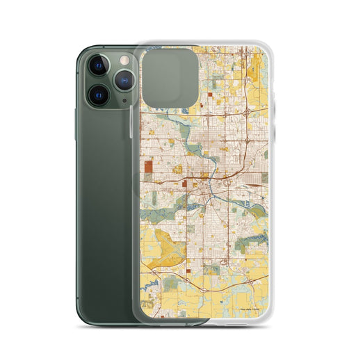 Custom Des Moines Iowa Map Phone Case in Woodblock on Table with Laptop and Plant