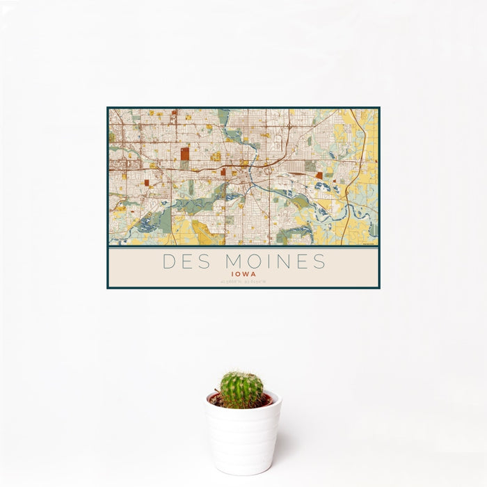 12x18 Des Moines Iowa Map Print Landscape Orientation in Woodblock Style With Small Cactus Plant in White Planter