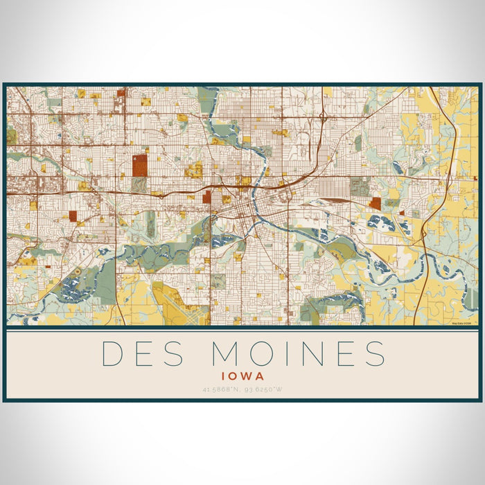 Des Moines Iowa Map Print Landscape Orientation in Woodblock Style With Shaded Background