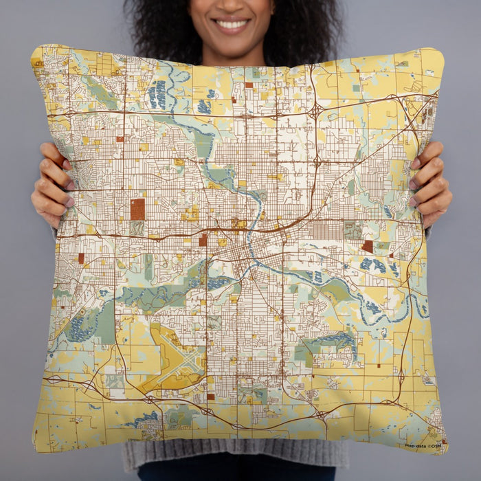 Person holding 22x22 Custom Des Moines Iowa Map Throw Pillow in Woodblock