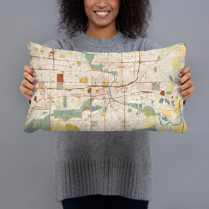 Person holding 20x12 Custom Des Moines Iowa Map Throw Pillow in Woodblock