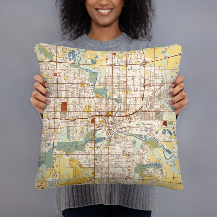 Person holding 18x18 Custom Des Moines Iowa Map Throw Pillow in Woodblock