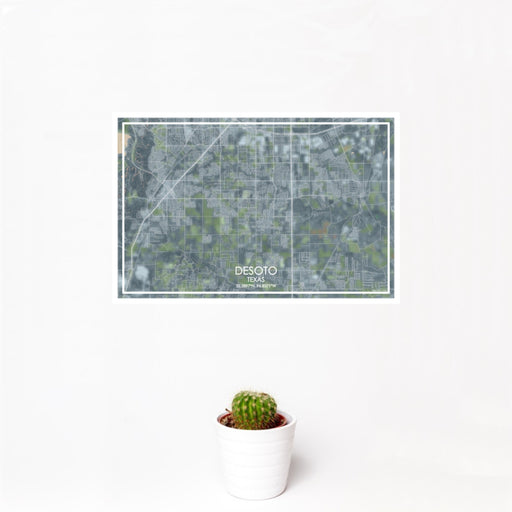 12x18 DeSoto Texas Map Print Landscape Orientation in Afternoon Style With Small Cactus Plant in White Planter