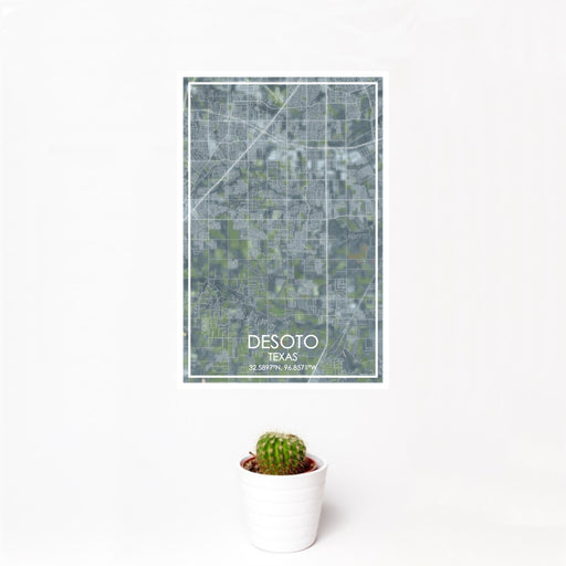 12x18 DeSoto Texas Map Print Portrait Orientation in Afternoon Style With Small Cactus Plant in White Planter