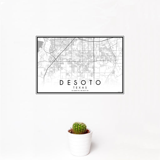 12x18 DeSoto Texas Map Print Landscape Orientation in Classic Style With Small Cactus Plant in White Planter