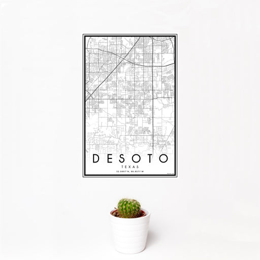 12x18 DeSoto Texas Map Print Portrait Orientation in Classic Style With Small Cactus Plant in White Planter