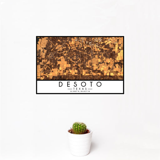 12x18 DeSoto Texas Map Print Landscape Orientation in Ember Style With Small Cactus Plant in White Planter