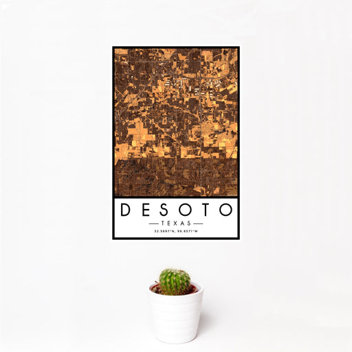 12x18 DeSoto Texas Map Print Portrait Orientation in Ember Style With Small Cactus Plant in White Planter