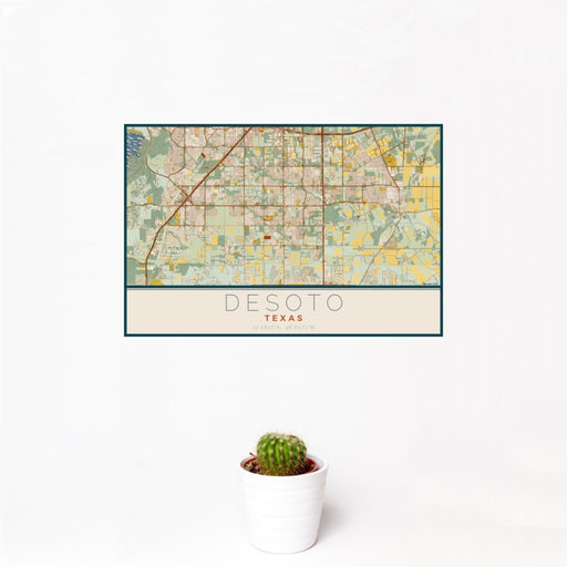12x18 DeSoto Texas Map Print Landscape Orientation in Woodblock Style With Small Cactus Plant in White Planter