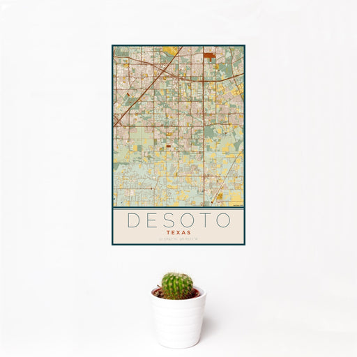 12x18 DeSoto Texas Map Print Portrait Orientation in Woodblock Style With Small Cactus Plant in White Planter