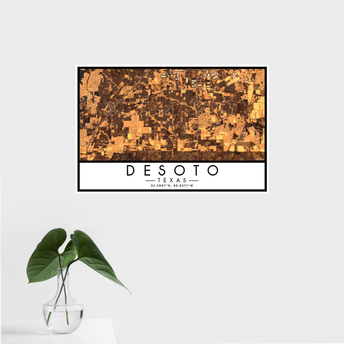 16x24 DeSoto Texas Map Print Landscape Orientation in Ember Style With Tropical Plant Leaves in Water