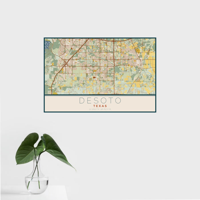 16x24 DeSoto Texas Map Print Landscape Orientation in Woodblock Style With Tropical Plant Leaves in Water
