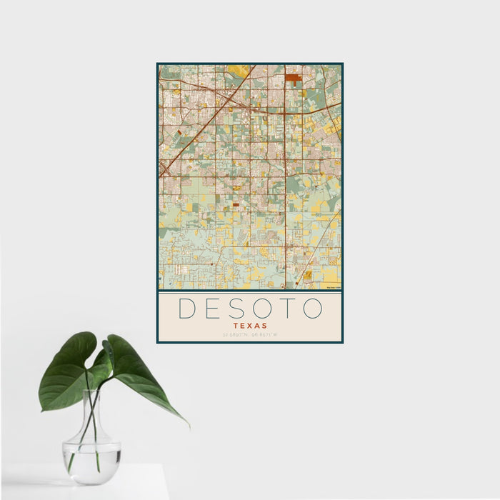 16x24 DeSoto Texas Map Print Portrait Orientation in Woodblock Style With Tropical Plant Leaves in Water