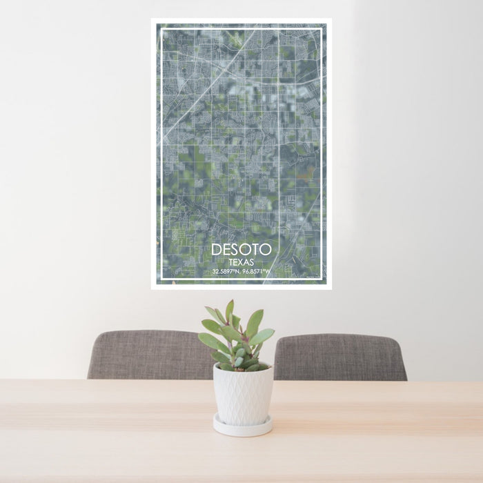 24x36 DeSoto Texas Map Print Portrait Orientation in Afternoon Style Behind 2 Chairs Table and Potted Plant