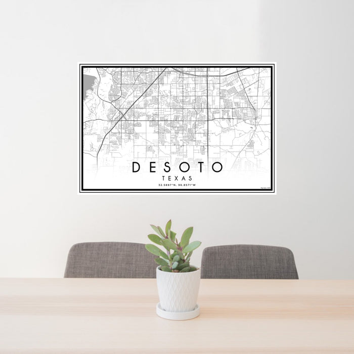 24x36 DeSoto Texas Map Print Lanscape Orientation in Classic Style Behind 2 Chairs Table and Potted Plant