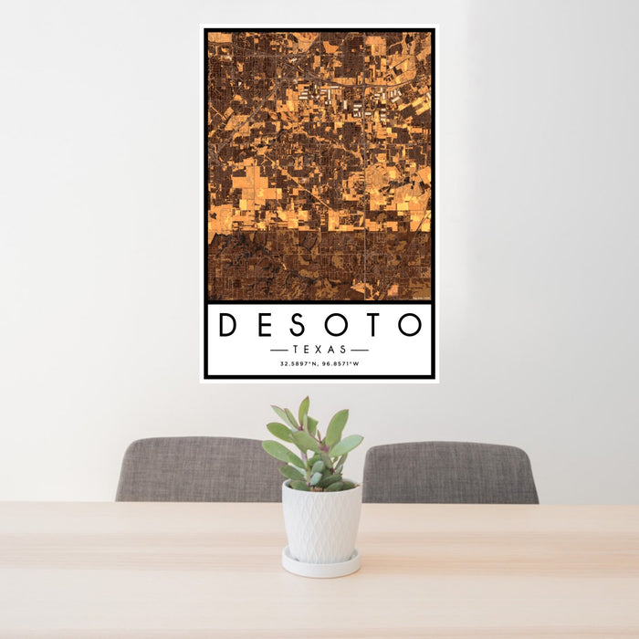 24x36 DeSoto Texas Map Print Portrait Orientation in Ember Style Behind 2 Chairs Table and Potted Plant