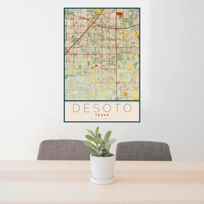 24x36 DeSoto Texas Map Print Portrait Orientation in Woodblock Style Behind 2 Chairs Table and Potted Plant