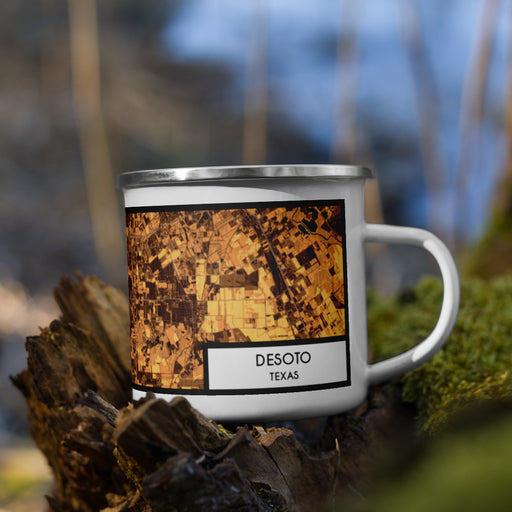 Right View Custom DeSoto Texas Map Enamel Mug in Ember on Grass With Trees in Background