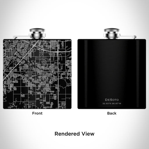 Rendered View of DeSoto Texas Map Engraving on 6oz Stainless Steel Flask in Black