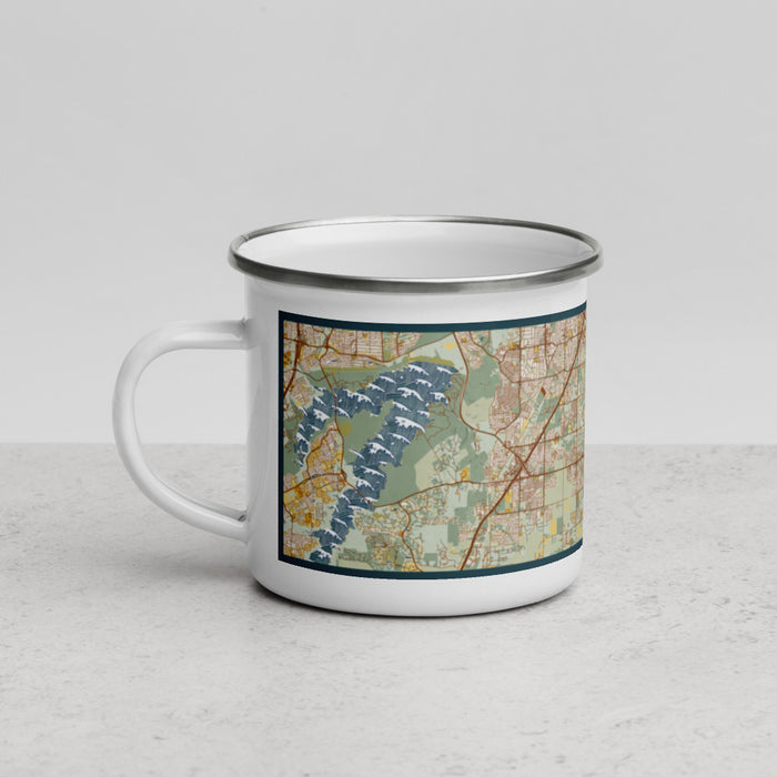 Left View Custom DeSoto Texas Map Enamel Mug in Woodblock