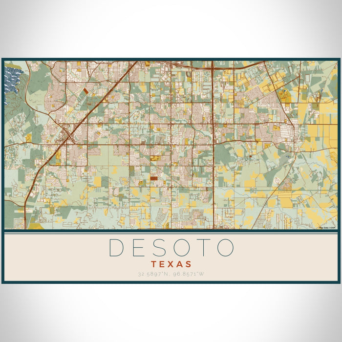 DeSoto Texas Map Print Landscape Orientation in Woodblock Style With Shaded Background