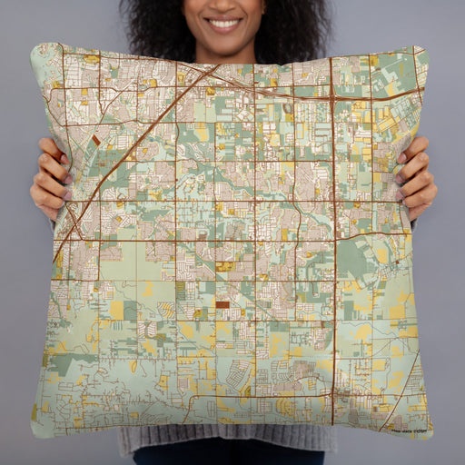 Person holding 22x22 Custom DeSoto Texas Map Throw Pillow in Woodblock