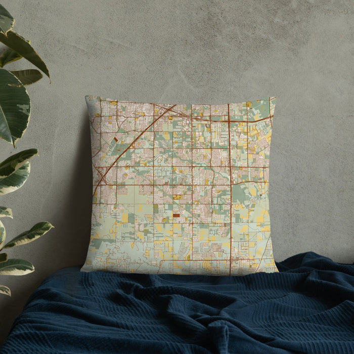 Custom DeSoto Texas Map Throw Pillow in Woodblock on Bedding Against Wall