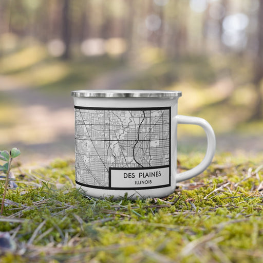 Right View Custom Des Plaines Illinois Map Enamel Mug in Classic on Grass With Trees in Background