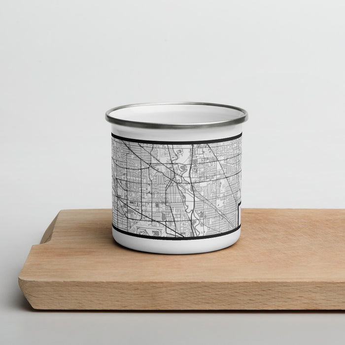 Front View Custom Des Plaines Illinois Map Enamel Mug in Classic on Cutting Board