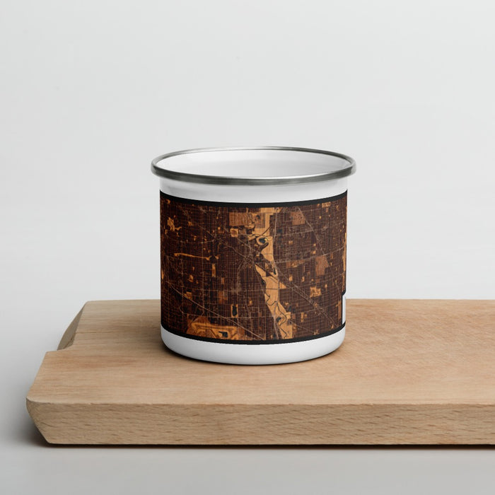 Front View Custom Des Plaines Illinois Map Enamel Mug in Ember on Cutting Board