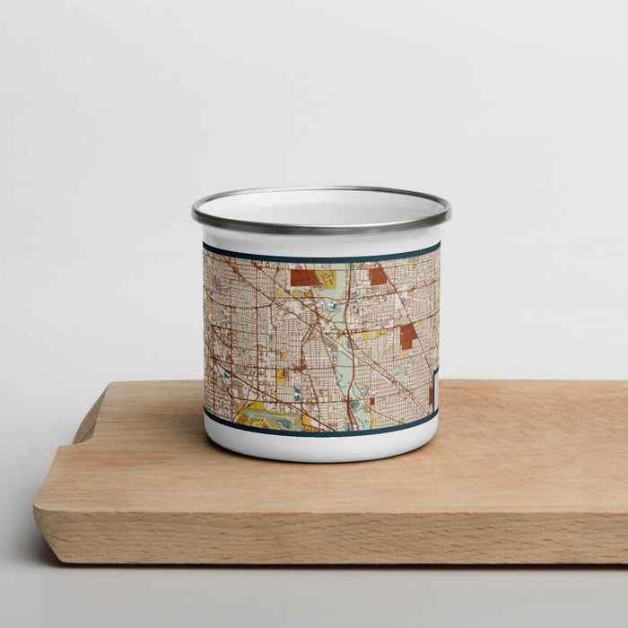 Front View Custom Des Plaines Illinois Map Enamel Mug in Woodblock on Cutting Board