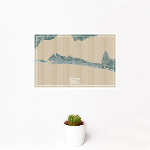 12x18 Destin Florida Map Print Landscape Orientation in Afternoon Style With Small Cactus Plant in White Planter