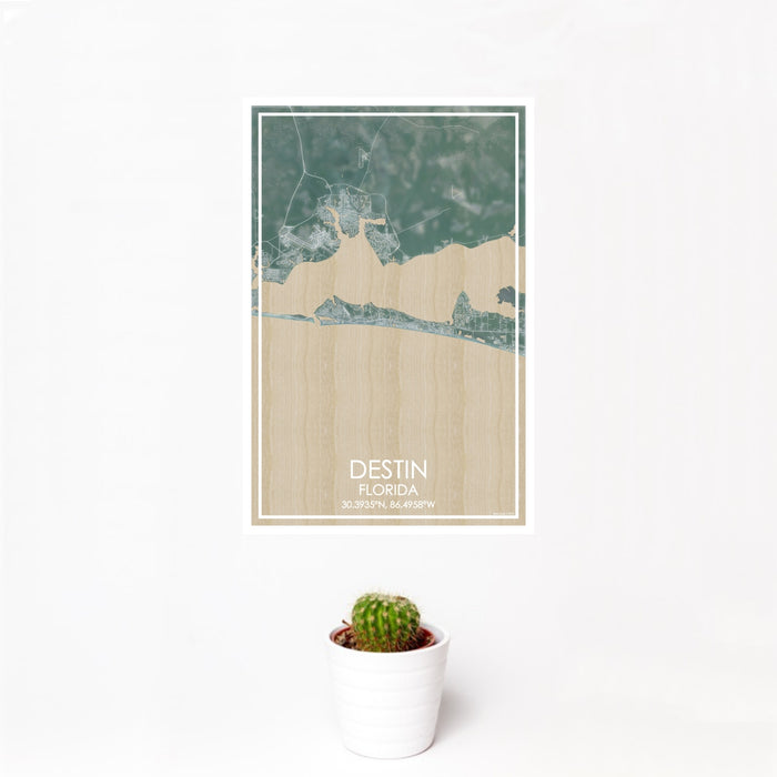 12x18 Destin Florida Map Print Portrait Orientation in Afternoon Style With Small Cactus Plant in White Planter