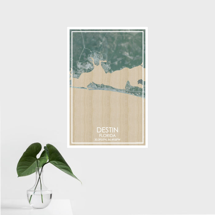16x24 Destin Florida Map Print Portrait Orientation in Afternoon Style With Tropical Plant Leaves in Water