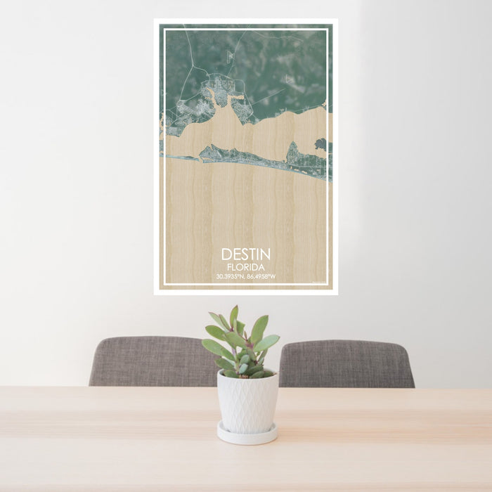 24x36 Destin Florida Map Print Portrait Orientation in Afternoon Style Behind 2 Chairs Table and Potted Plant