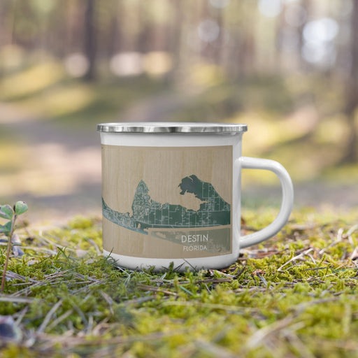 Right View Custom Destin Florida Map Enamel Mug in Afternoon on Grass With Trees in Background