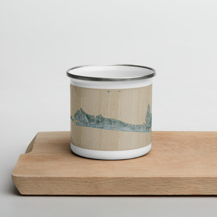 Front View Custom Destin Florida Map Enamel Mug in Afternoon on Cutting Board