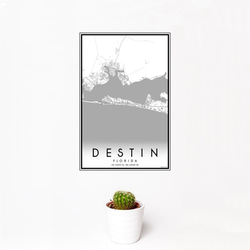 12x18 Destin Florida Map Print Portrait Orientation in Classic Style With Small Cactus Plant in White Planter