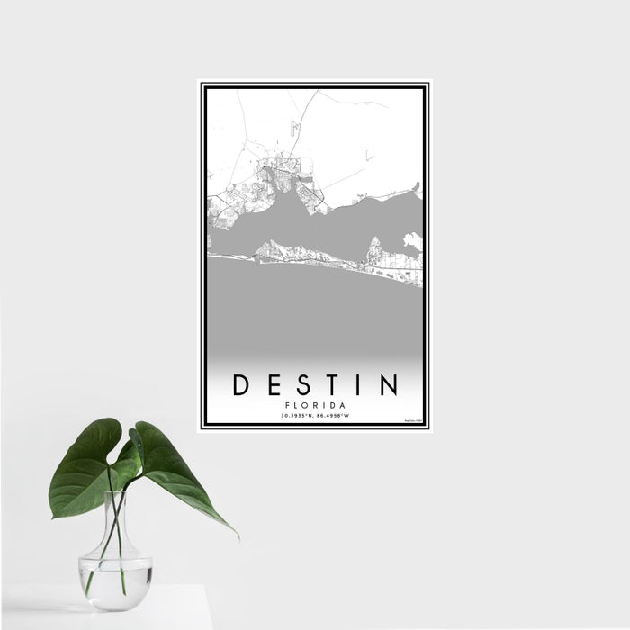16x24 Destin Florida Map Print Portrait Orientation in Classic Style With Tropical Plant Leaves in Water