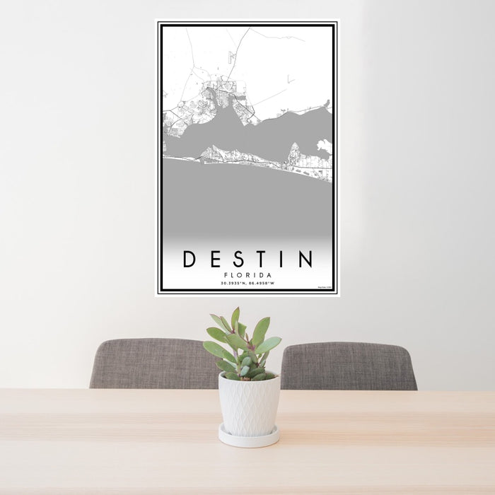 24x36 Destin Florida Map Print Portrait Orientation in Classic Style Behind 2 Chairs Table and Potted Plant